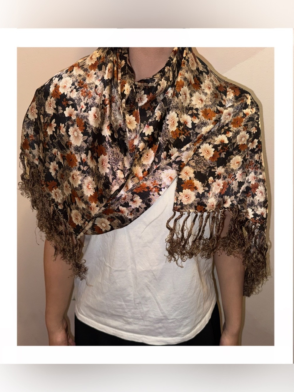 Vintage Floral Satin Fringe Shawl Scarf
